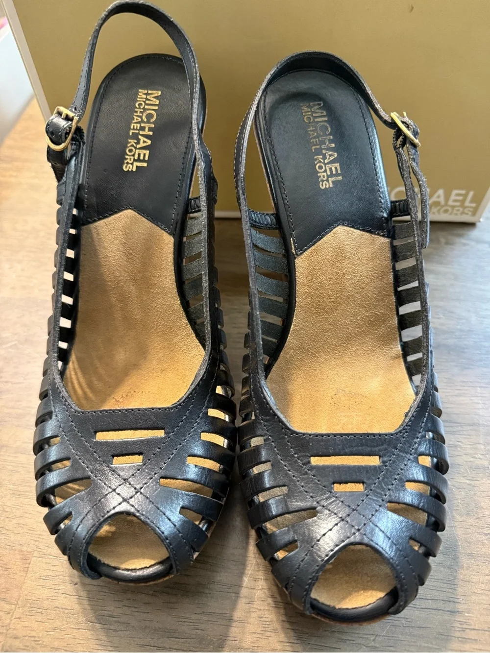 Michael Kors Black Leather Cutout Slingback Peep-Toe Heels Size 8